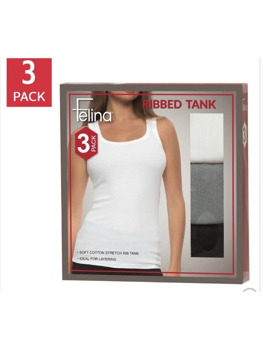 Felina Women's Ribbed Tank, 3-pack White Gray Black Small Cotton Stretch Rib New
